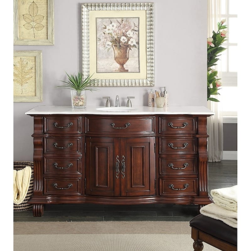 60 inch Antique Style Cherry Wood Hopkinton Bathroom Sink Vanity White Marble Top