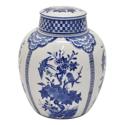 Three Hands Ceramic Blue And White Covered Jar