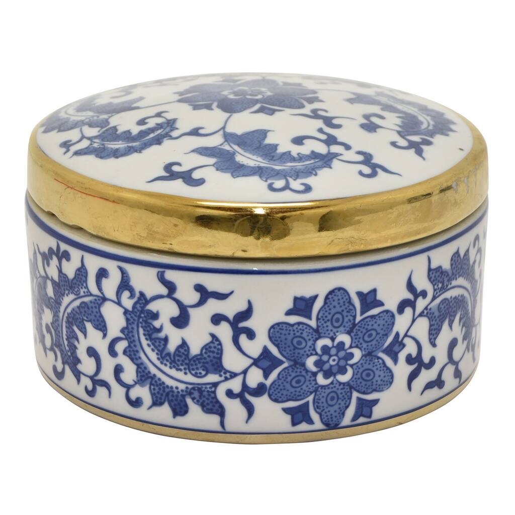 Three Hands Ceramic Blue And White Box With Gold Trim