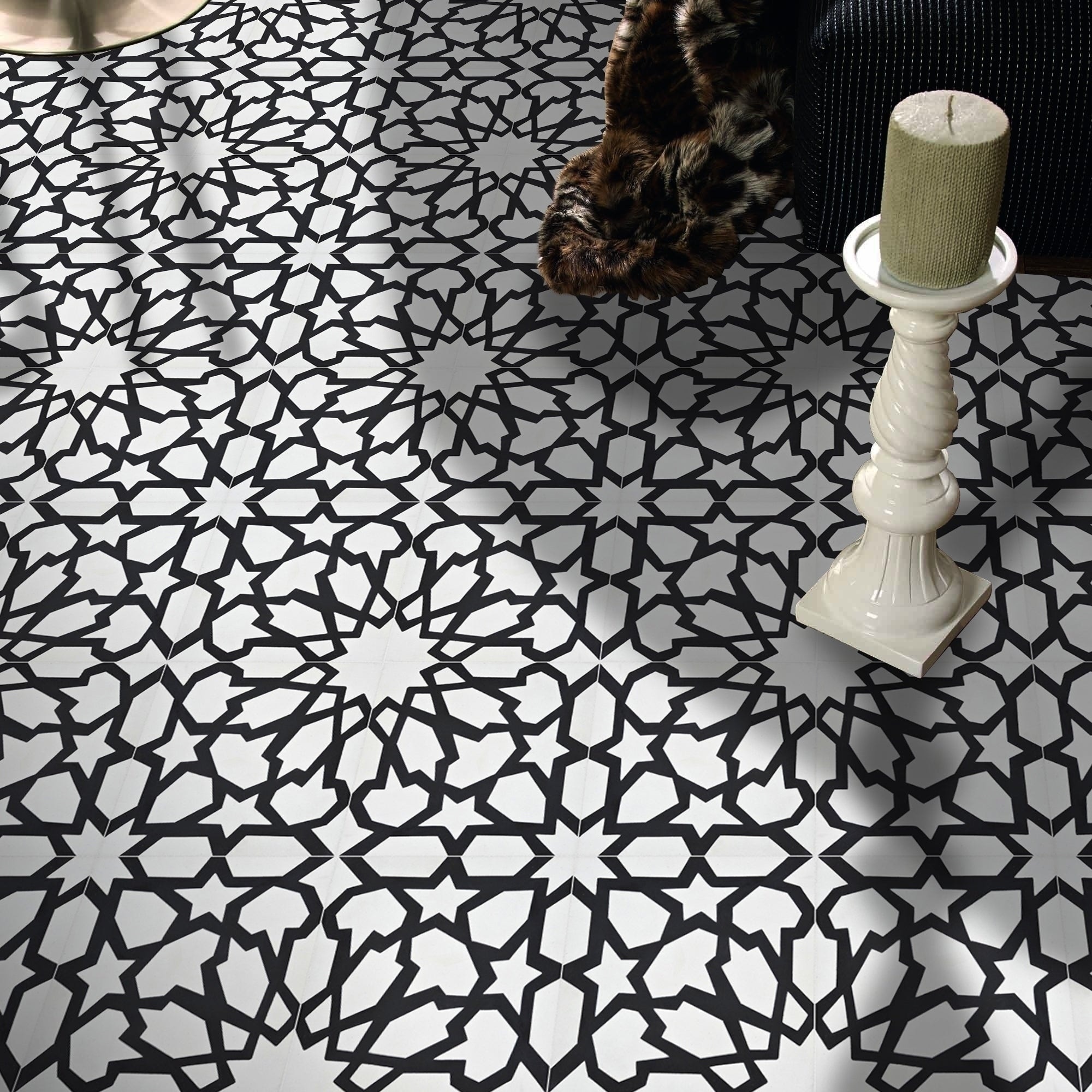 Handmade Bahja in White and Black Tile, Pack of 12 (Morocco)