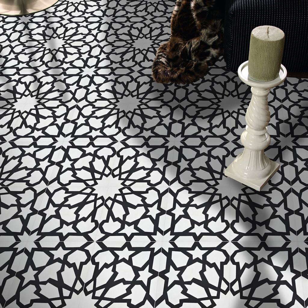 Handmade Bahja in White and Black Tile, Pack of 12 (Morocco)