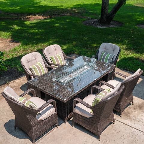 Outdoor Wicker Rectangle Table with 6 Chairs Patio Gas Fire Pit Set by Moda Furnishings