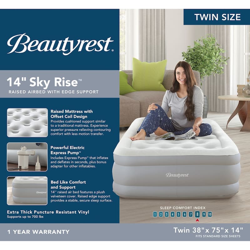 Beautyrest Sky Rise Raised Air Mattress with External Pump - Inflatable Bed with Edge Support, Puncture-Resistant Vinyl