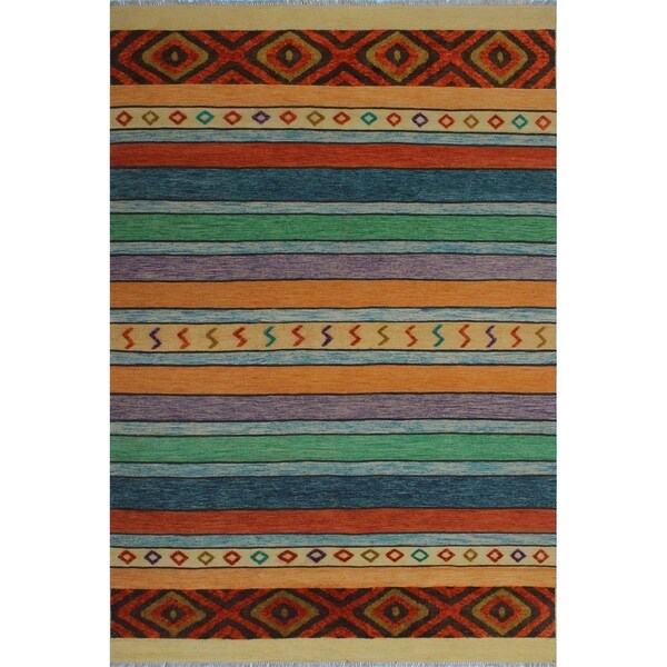 Noori Rug High-Low Kilim Kaysen Orange/Blue Rug - 6'10" x 10'0"