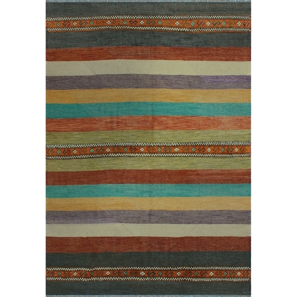 Noori Rug High-Low Kilim Boston Orange/Green Rug - 6'10" x 9'9"