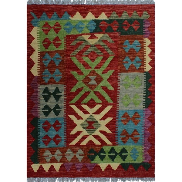Noori Rug Sangat Kilim Brixton Red/Green Rug - 2'2" x 3'0"