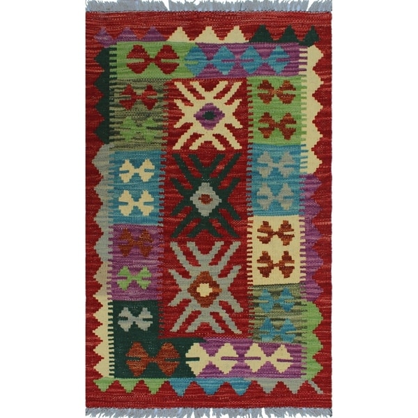 Noori Rug Sangat Kilim Houston Red/Green Rug - 1'9" x 3'0"