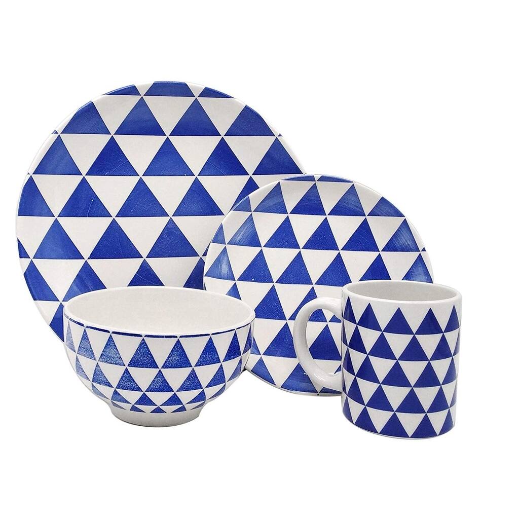 Melange Porcelain 32-Piece Dinnerware Set (Indigo Triangles) | 8 Dinner Plate, Salad Plate, Soup Bowl & Mug (8 Each)