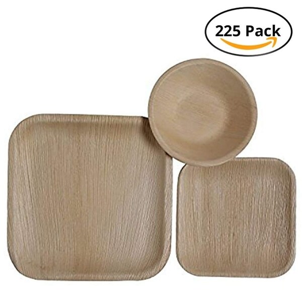 CaterEco Square Palm Leaf Plates Set (225 Pack) , (75) Dinner Plates, (75) Salad Plates and (75) Bowls