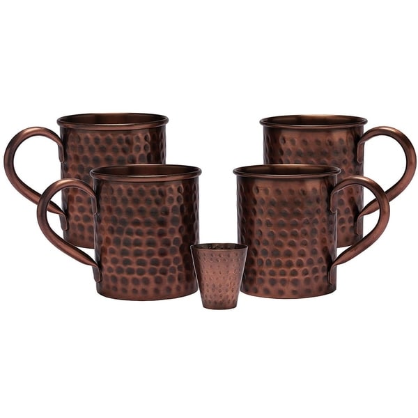 Melange 20 Oz Antique Finish Copper Classic Mug for Moscow Mules, Set of 4 with One Shot Glass-100% Pure Hammered Copper