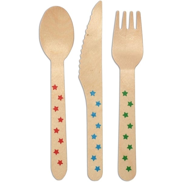 Catereco 100 Piece Birchwood Compostable Flatware Set 50 Forks 25 Knives 25 Spoons Stars Print Overstock 27276501