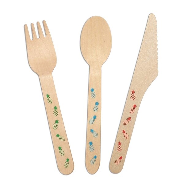 CaterEco 200-Piece Birchwood Compostable Flatware Set, 100 Forks & 50 Knives & 50 Spoons, Pineapples Print