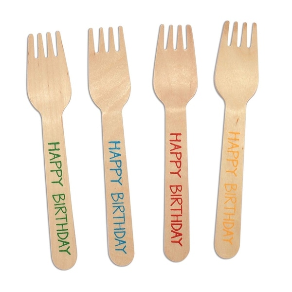 CaterEco 100-Piece Birchwood Compostable Forks, Happy Birthday Print