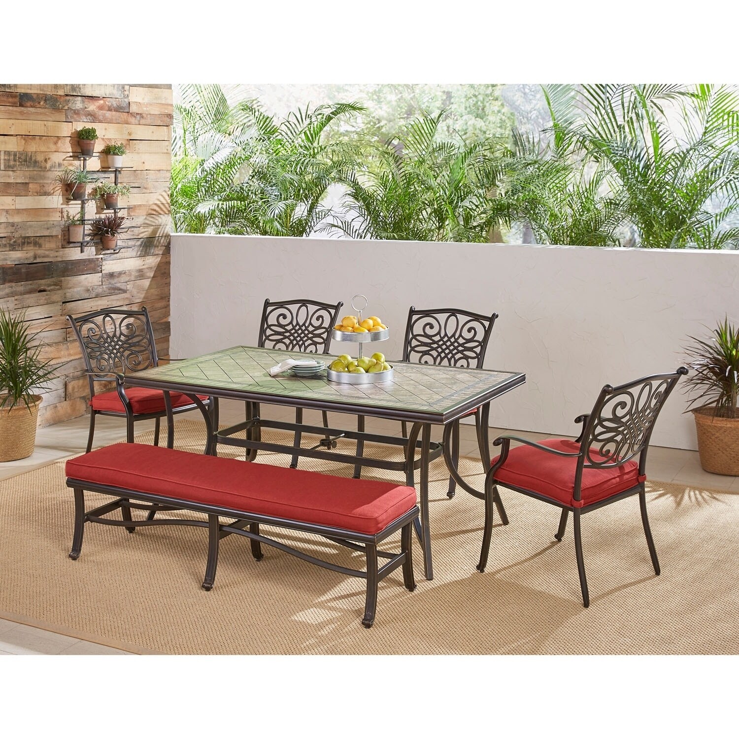 Shop Hanover Monaco 6 Piece Patio Dining Set In Red With Four Dining Chairs 1 Bench And A 40 X 68 Tile Top Table Overstock 27276878