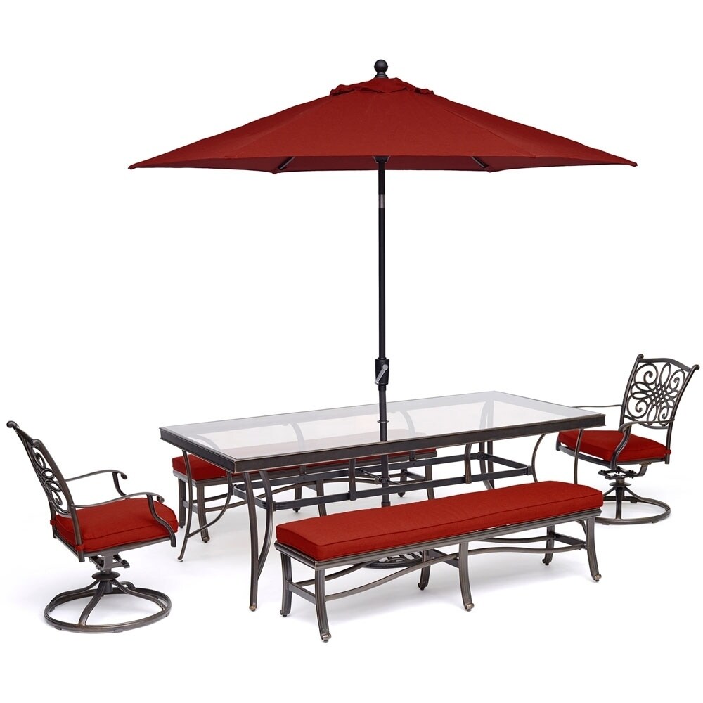 Hanoverhanover Traditions 5 Piece Patio Dining Set In Red With 2 Swivel Rockers 2 Benches Glass Top Table 11 Ft Umbrella And Stand Dailymail