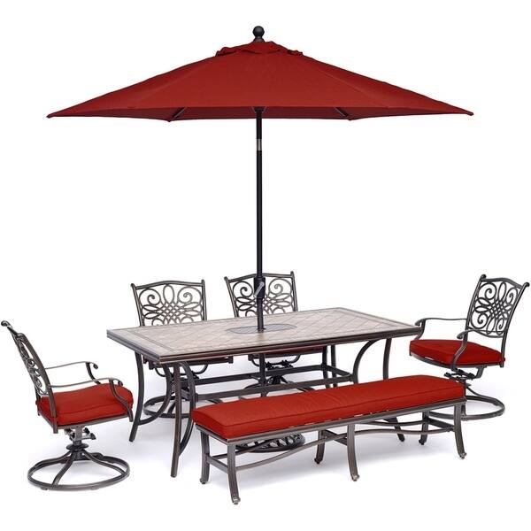 Shop Black Friday Deals On Hanover Monaco 6 Piece Patio Dining Set In Red With 4 Swivel Rockers 1 Bench Tile Top Table 9 Ft Umbrella And Stand Overstock 27277212