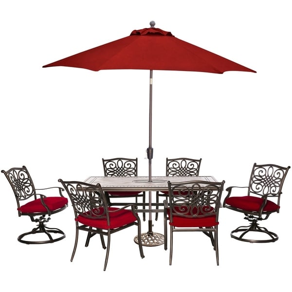 Shop Hanover Monaco 7 Piece Patio Dining Set In Red With 4 Chairs 2 Swivel Rockers Tile Top Table 9 Ft Umbrella And Stand Overstock 27277218