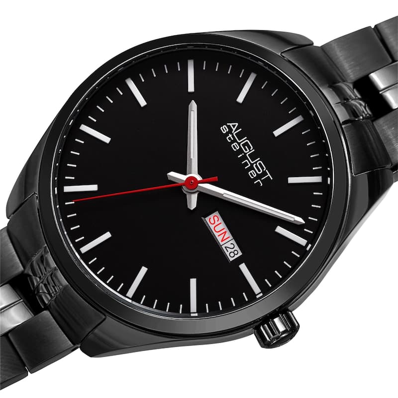 August Steiner Men's Classic Date Stainless Steel Bracelet Watch - Black - Black
