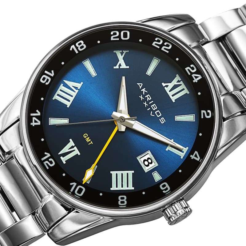 Akribos XXIV Men's GMT Date Roman Numeral Bracelet Watch - Silver/Blue