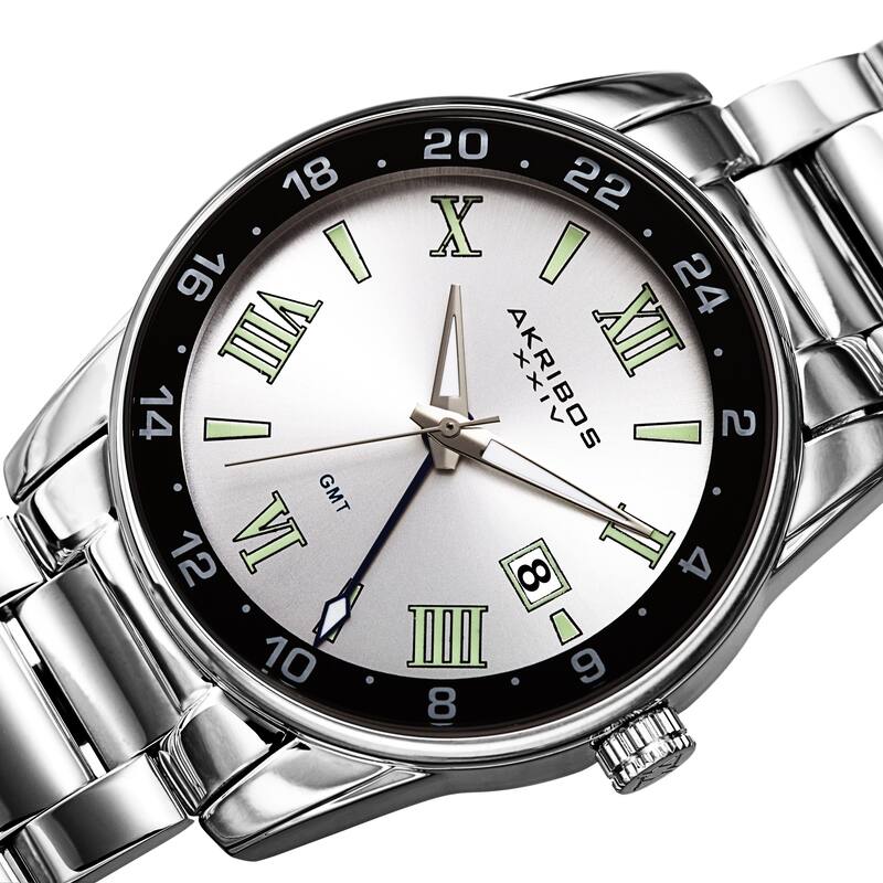 Akribos XXIV Men's GMT Date Roman Numeral Bracelet Watch - Silver/White