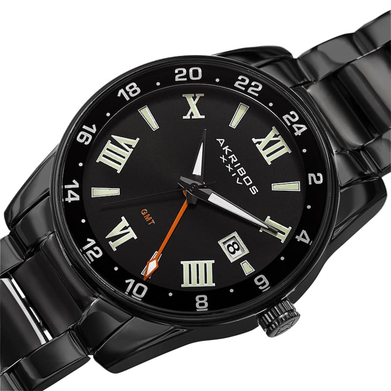Akribos XXIV Men's GMT Date Roman Numeral Bracelet Watch - Black