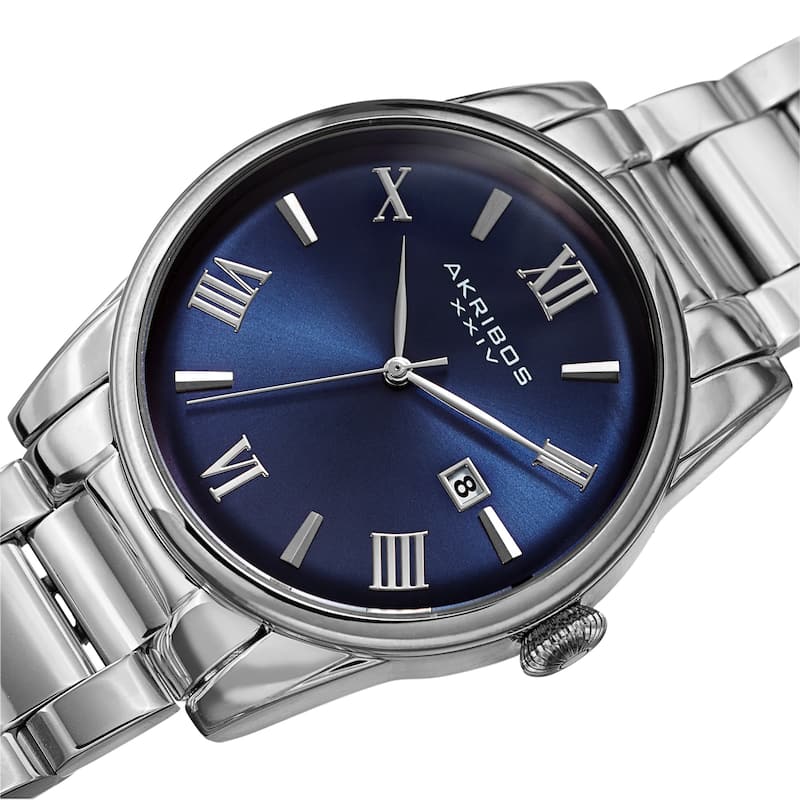 Akribos XXIV Men's Date Stainless Steel Link Bracelet Watch - Silver/Blue