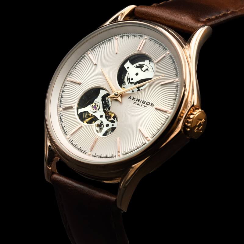 Akribos XXIV Men's Automatic Skeletal Guilloche Leather Strap Watch - Grey