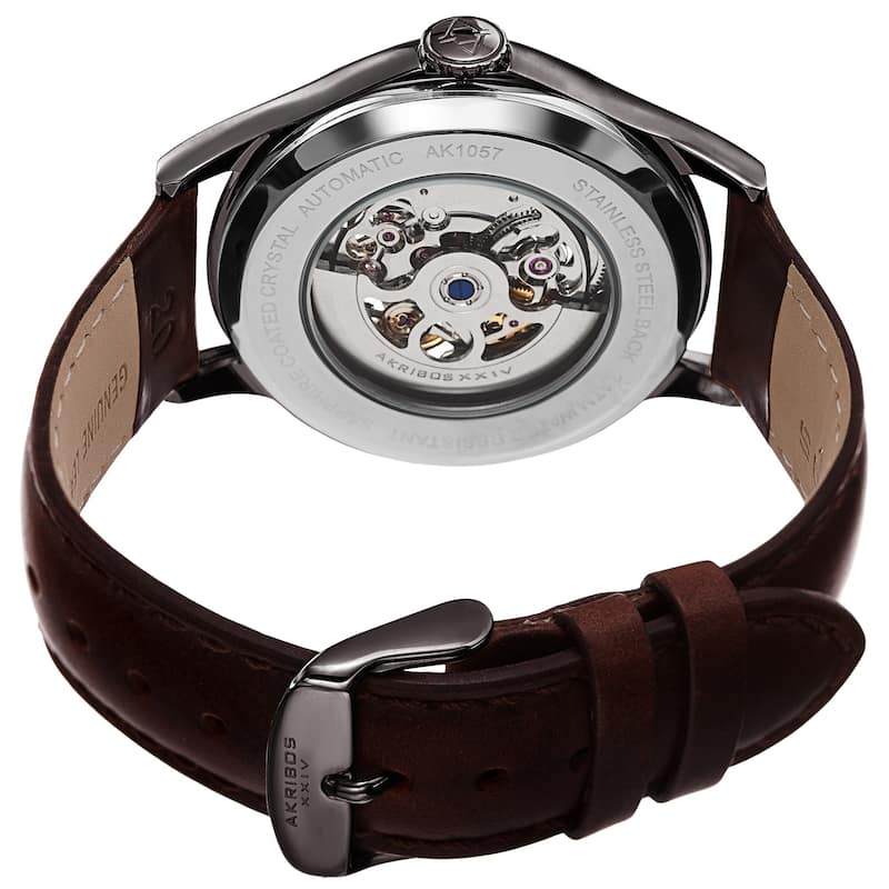 Akribos XXIV Men's Automatic Skeletal Guilloche Leather Strap Watch - Grey