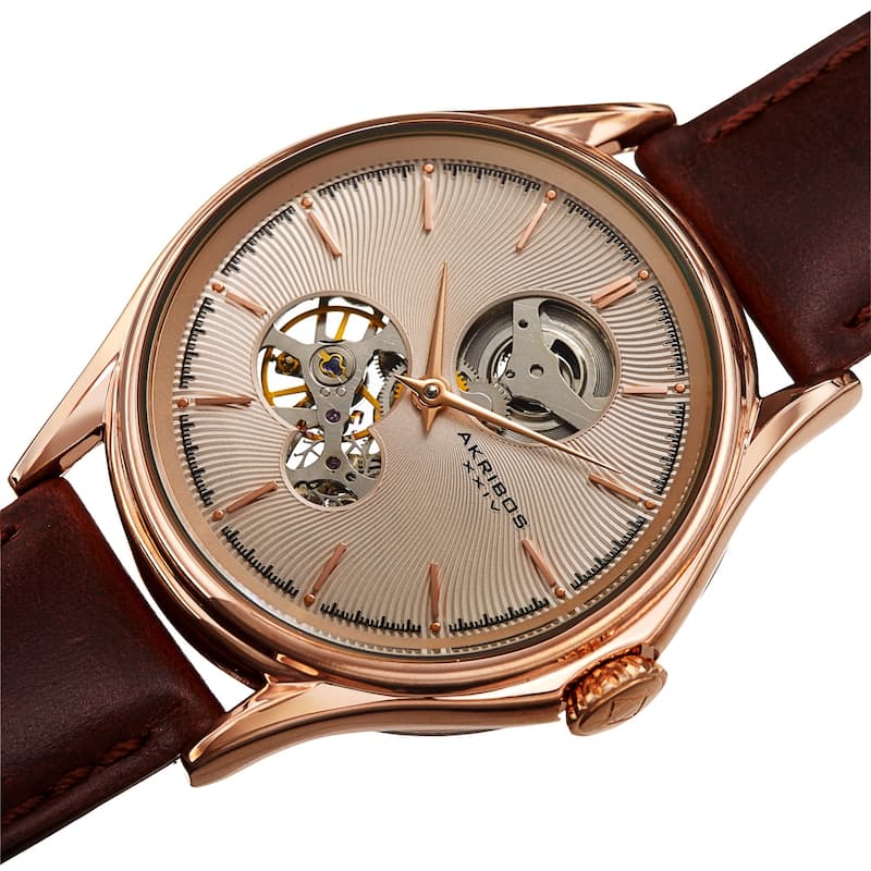 Akribos XXIV Men's Automatic Skeletal Guilloche Leather Strap Watch - Grey