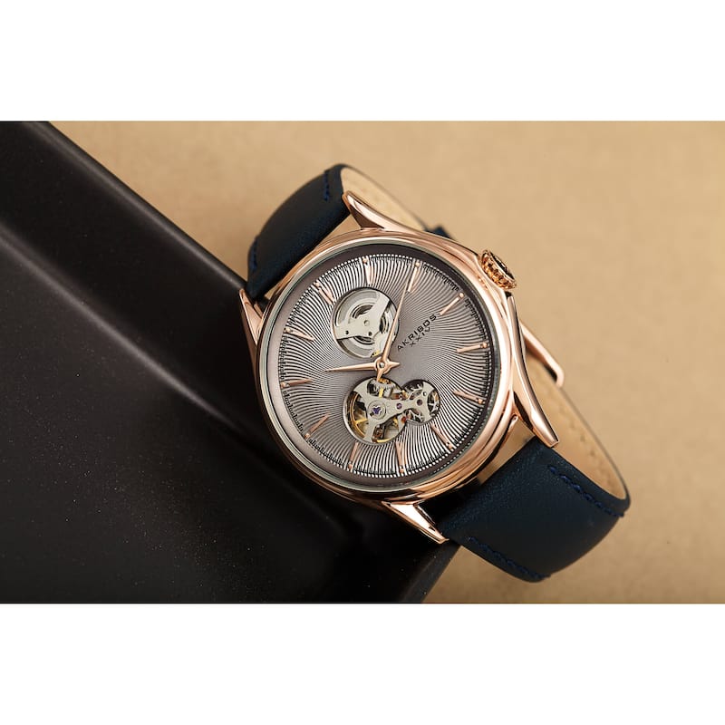 Akribos XXIV Men's Automatic Skeletal Guilloche Leather Strap Watch - Grey
