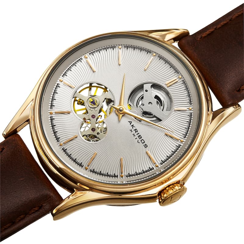 Akribos XXIV Men's Automatic Skeletal Guilloche Leather Strap Watch - Grey