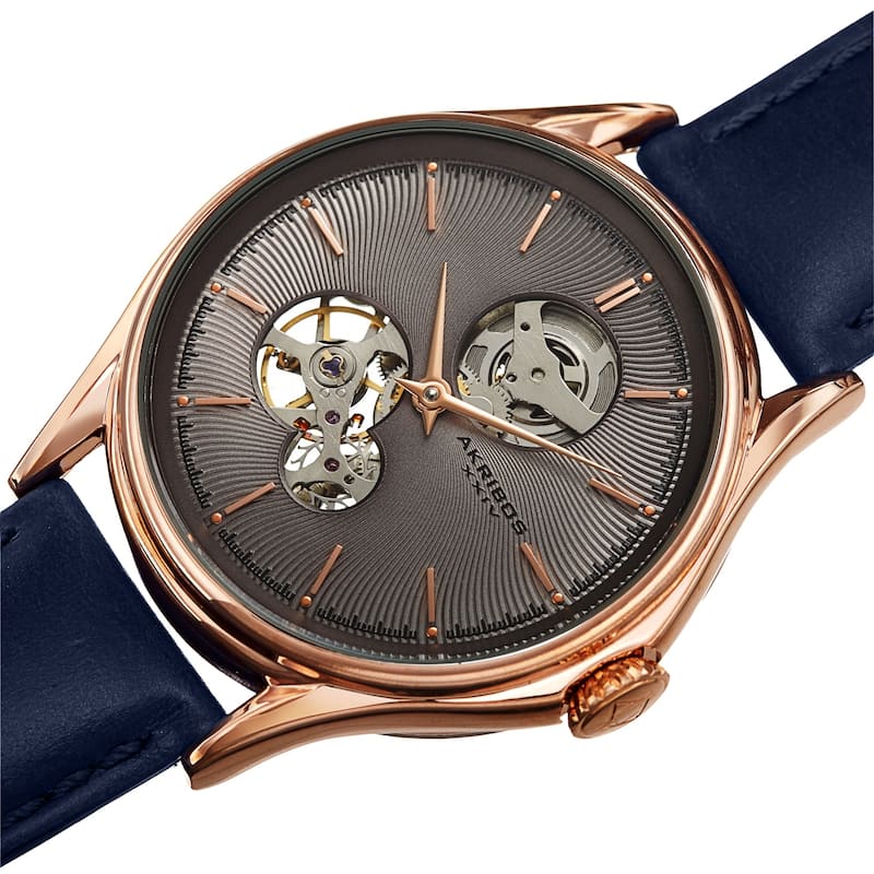 Akribos XXIV Men's Automatic Skeletal Guilloche Leather Strap Watch - Grey - Blue