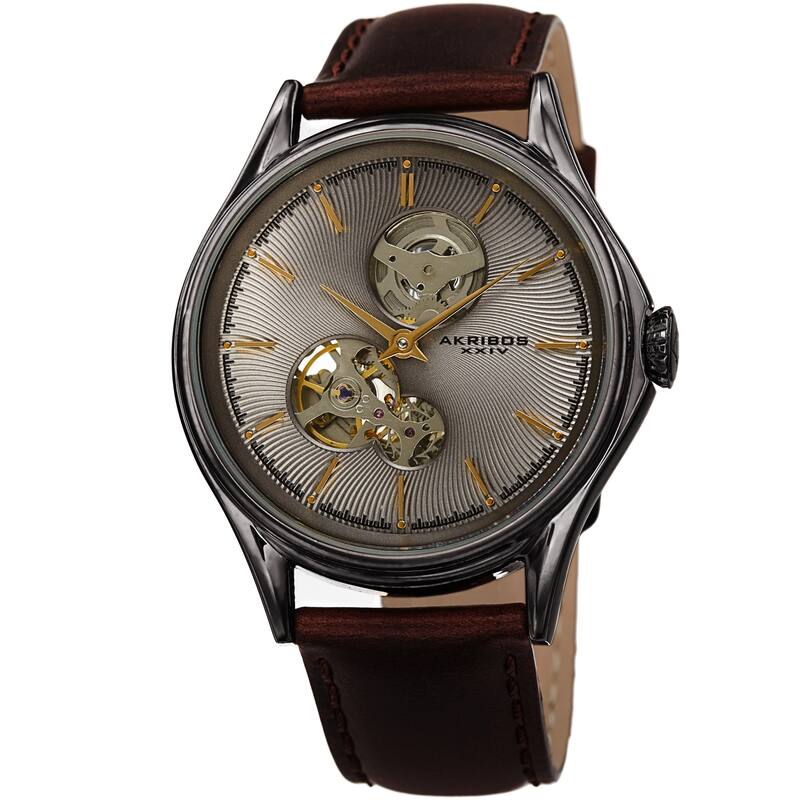 Akribos XXIV Men's Automatic Skeletal Guilloche Leather Strap Watch - Grey