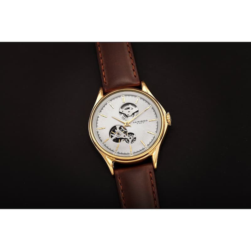 Akribos XXIV Men's Automatic Skeletal Guilloche Leather Strap Watch - Grey
