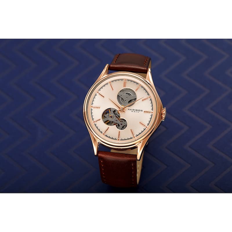 Akribos XXIV Men's Automatic Skeletal Guilloche Leather Strap Watch - Grey