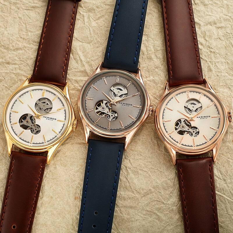 Akribos XXIV Men's Automatic Skeletal Guilloche Leather Strap Watch - Grey