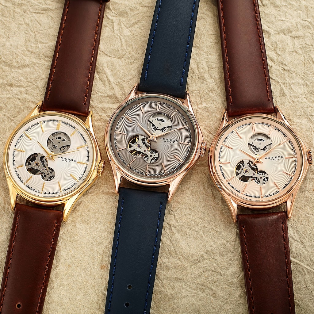 Akribos XXIV Men's Automatic Skeletal Guilloche Leather Strap Watch - Grey