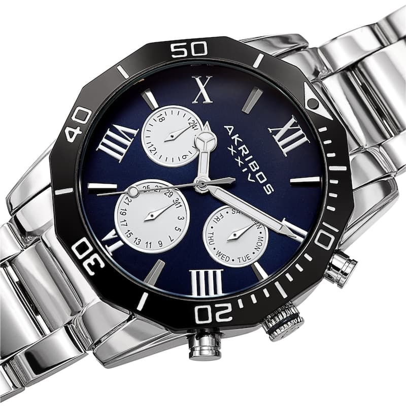 Akribos XXIV Men's Classic Date Stainless Steel Bracelet Watch - Silver/Blue