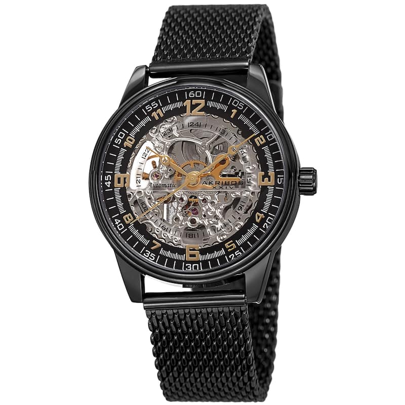 Akribos XXIV Men's Automatic Skeleton Mesh Strap Watch