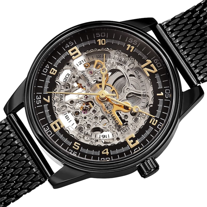 Akribos XXIV Men's Automatic Skeleton Mesh Strap Watch - Black