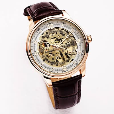 Akribos XXIV Men's Skeletal Automatic Leather Strap Watch - Rose