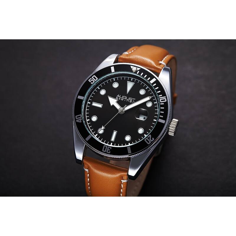 August Steiner Men's Date Sunray Leather Stitched Strap Watch - Gold