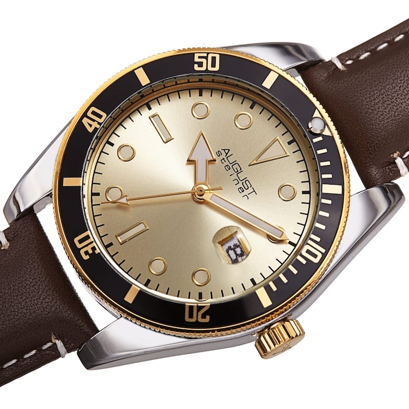 August Steiner Men's Date Sunray Leather Stitched Strap Watch - Gold