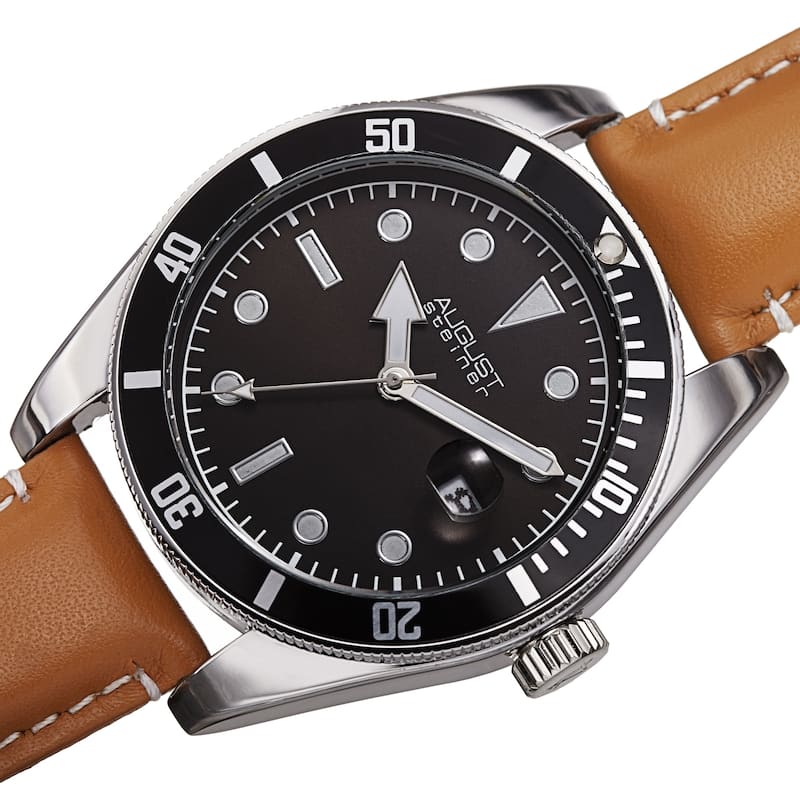 August Steiner Men's Date Sunray Leather Stitched Strap Watch - Gold - Tan