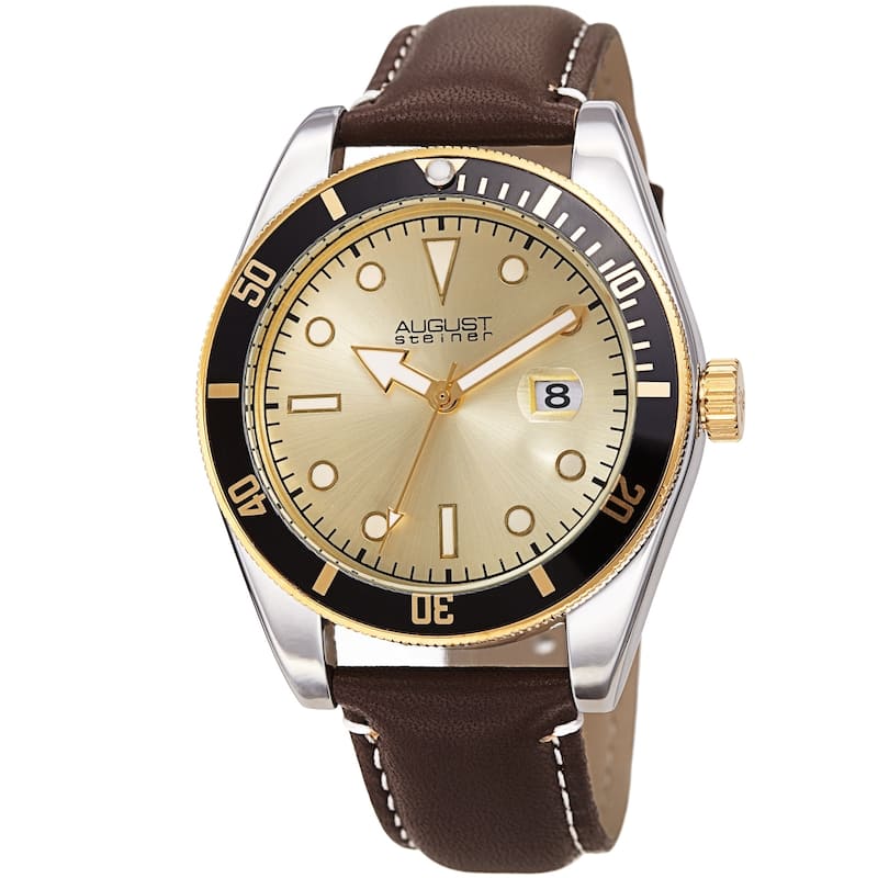 August Steiner Men's Date Sunray Leather Stitched Strap Watch - Gold