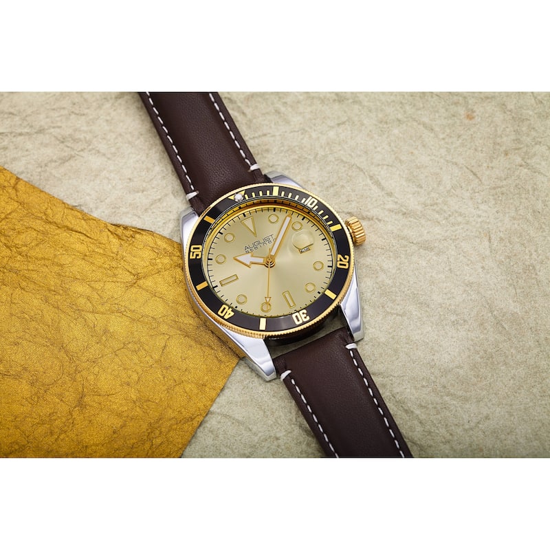 August Steiner Men's Date Sunray Leather Stitched Strap Watch - Gold
