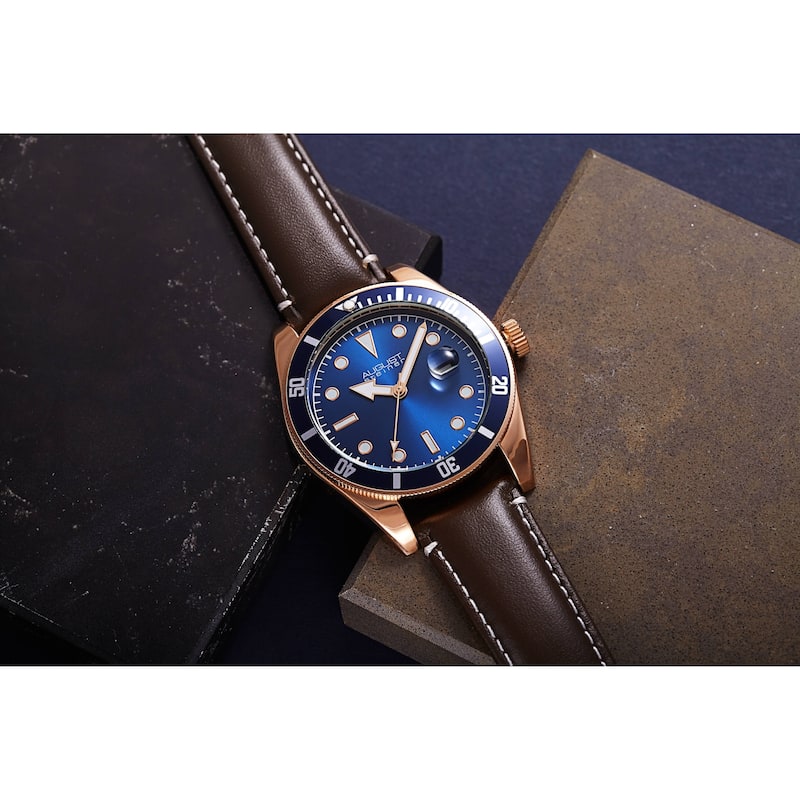 August Steiner Men's Date Sunray Leather Stitched Strap Watch - Gold