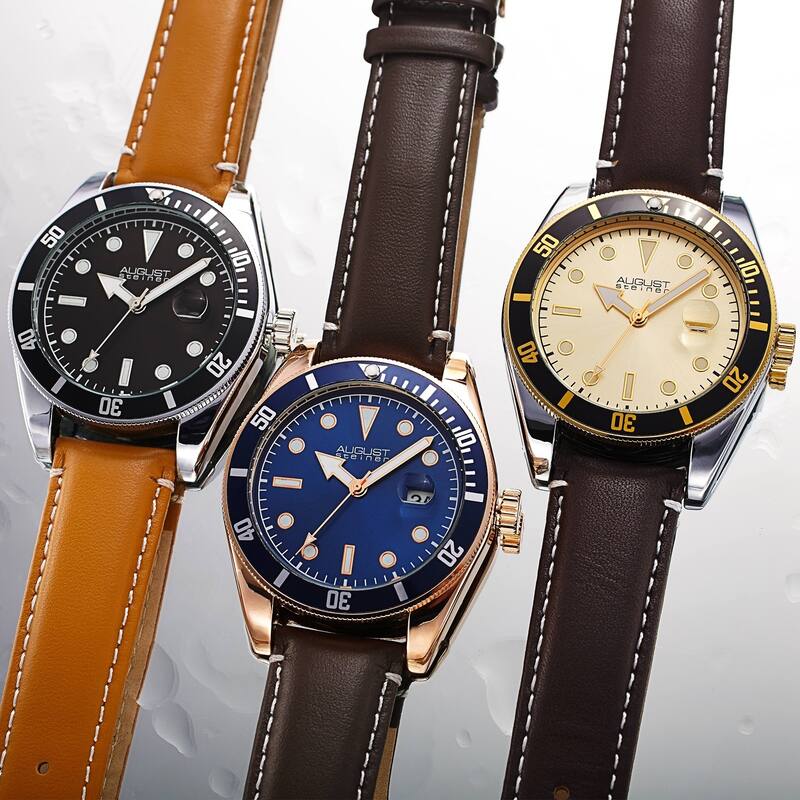 August Steiner Men's Date Sunray Leather Stitched Strap Watch - Gold