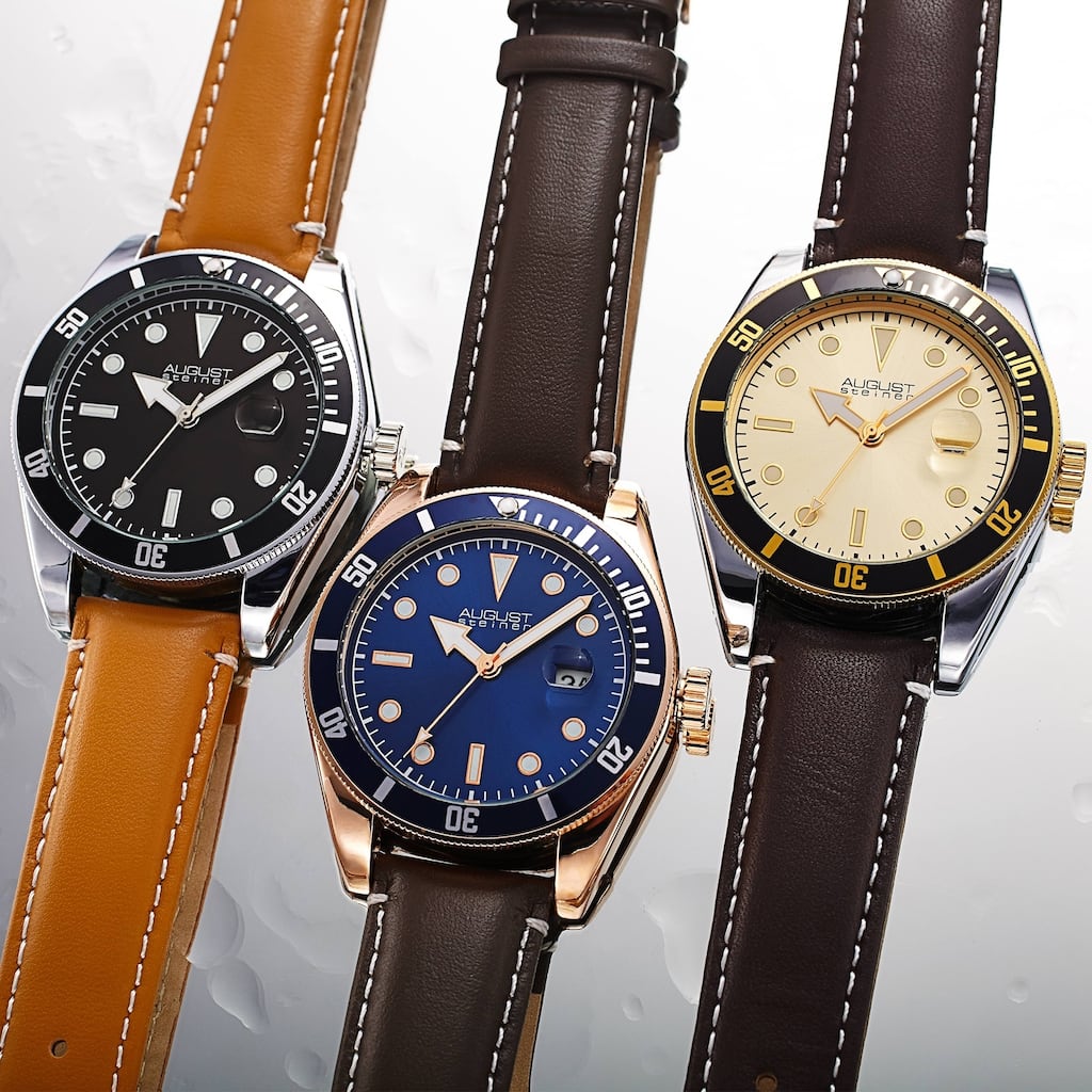 August Steiner Men's Date Sunray Leather Stitched Strap Watch - Gold