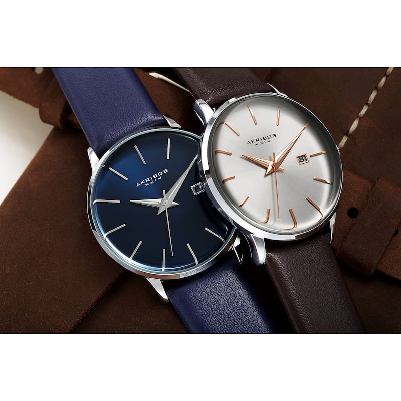 Akribos XXIV Men's Classic Date Curved Crystal Leather Strap Watch